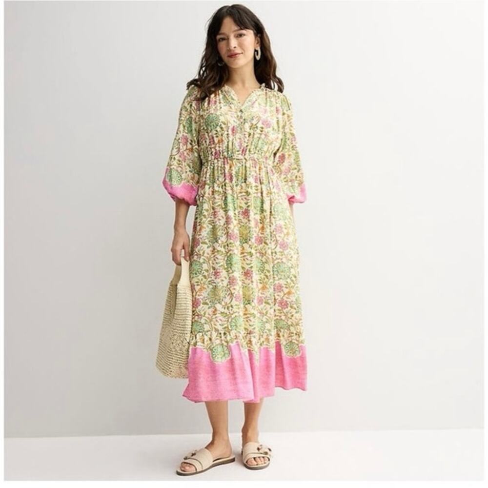 Farmers Market Floral Peasant Midi Dress Boho Cottage Modest Prairie  L